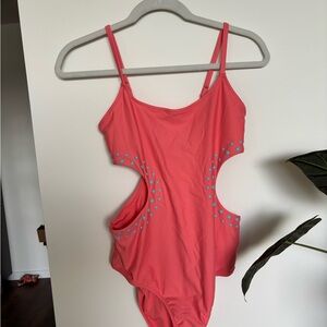Aerie Coral Swimsuit with Blue Gem Details